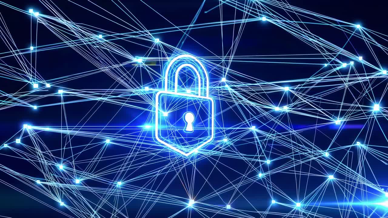 Futuristic digital network with a glowing lock symbol, representing cybersecurity