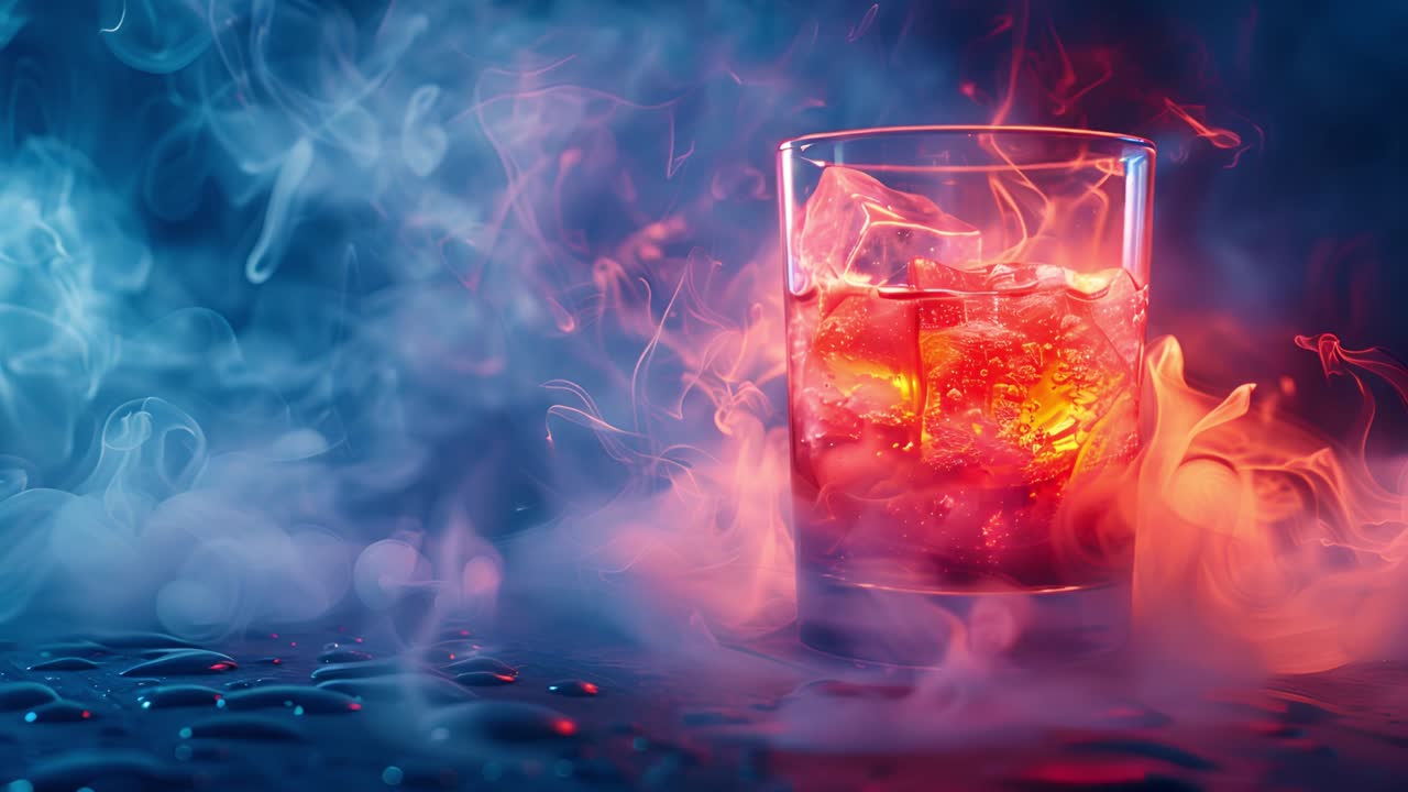 Vibrant Drink with Ice and Colorful Smoke