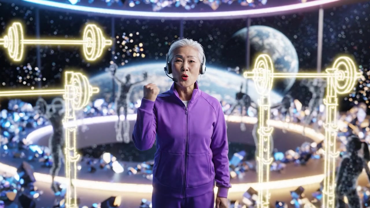 A vibrant, futuristic scene featuring an elderly woman in a purple tracksuit, surrounded by sparkling crystals and holographic figures in an otherworldly environment.