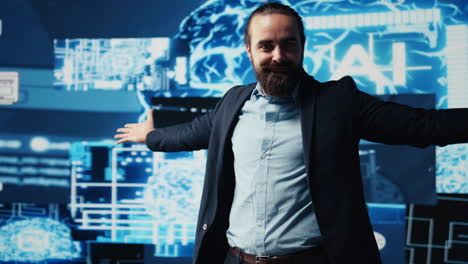 male entrepreneur works on implementing ai brain system for deep learning