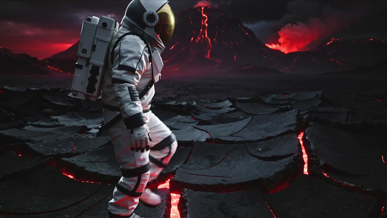 En gående astronaut i EVA-dragt med rygsæk træder over en glødende sprække og søger sikkerhed på et lavafelt.