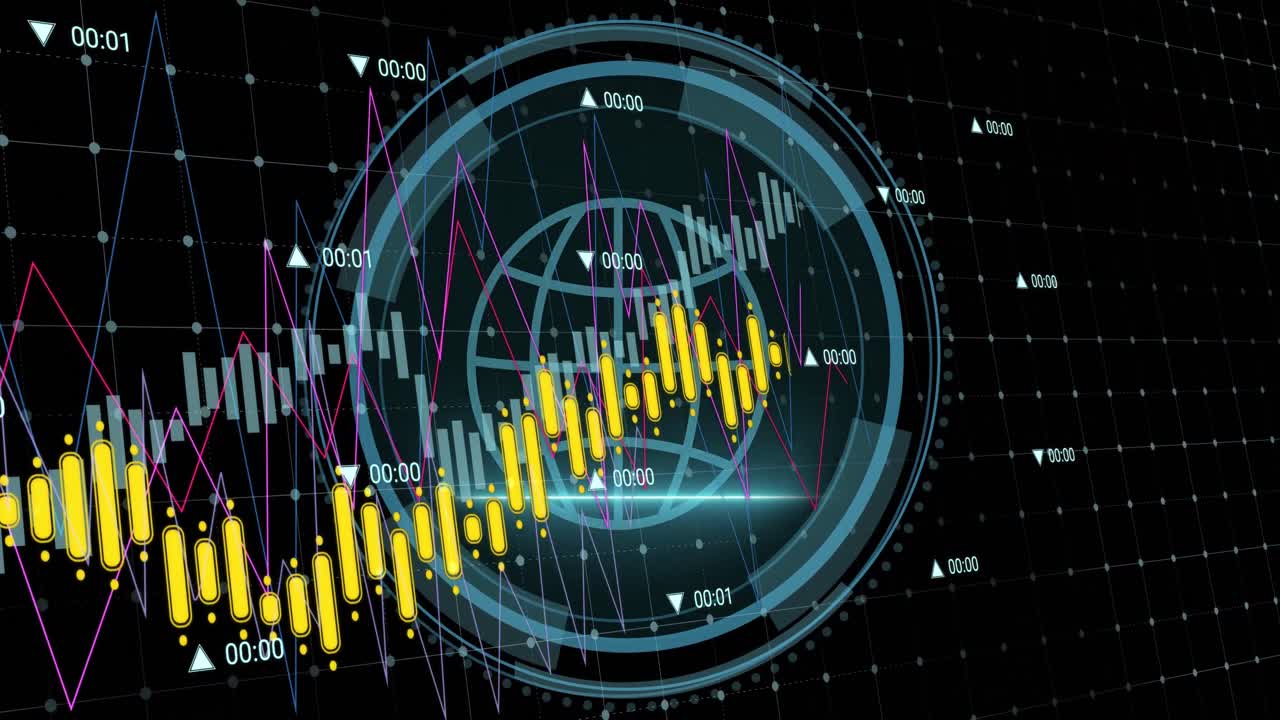 animación del procesamiento de datos sobre el banner de texto de seguridad cibernética y el icono del globo web en el escáner redondo