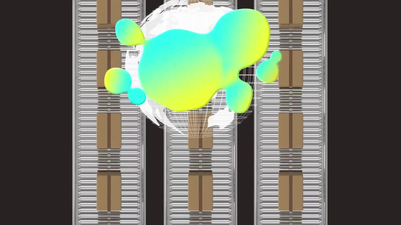 컨베이어 벨트에서 움직이는 카드보드 상자 위에 반 ⁇ 이는 블롭과 글로브의 애니메이션