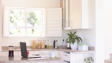 general view of kitchen with laptop on countertop in kitchen