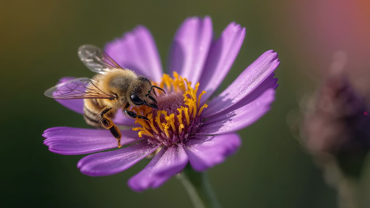 Landing honey bee probing proboscis into purple daisy-like flower in garden, collecting pollen