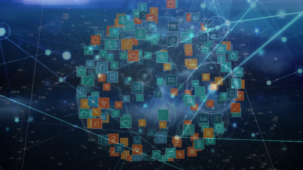 animación de la red de conexiones con iconos sobre fondo azul