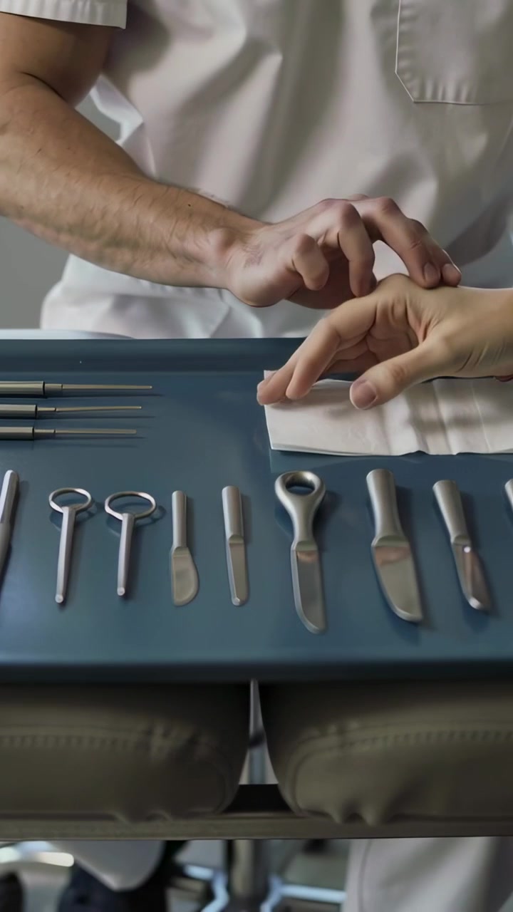 Vídeo vertical: Preparação de documento inicial com uniforme branco, colocando ferramentas em uma bandeja azul para exame