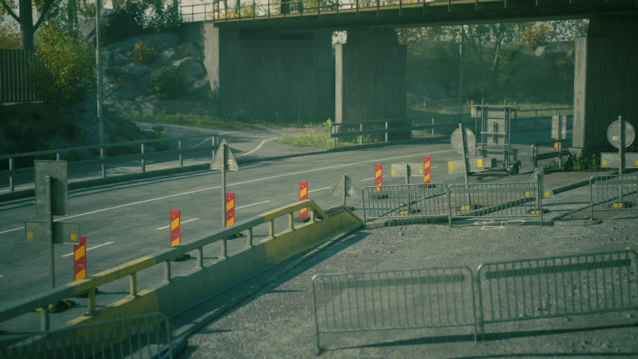 Road construction with barriers and signage under a bridge in autumn