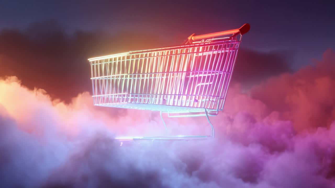 Surreal concept of a neon shopping cart floating through a dreamlike sky with colorful, glowing clouds, symbolizing online shopping, consumerism, and the future of digital retail
