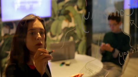 Female executive using glass digital tablet and writing on glass wall 4k