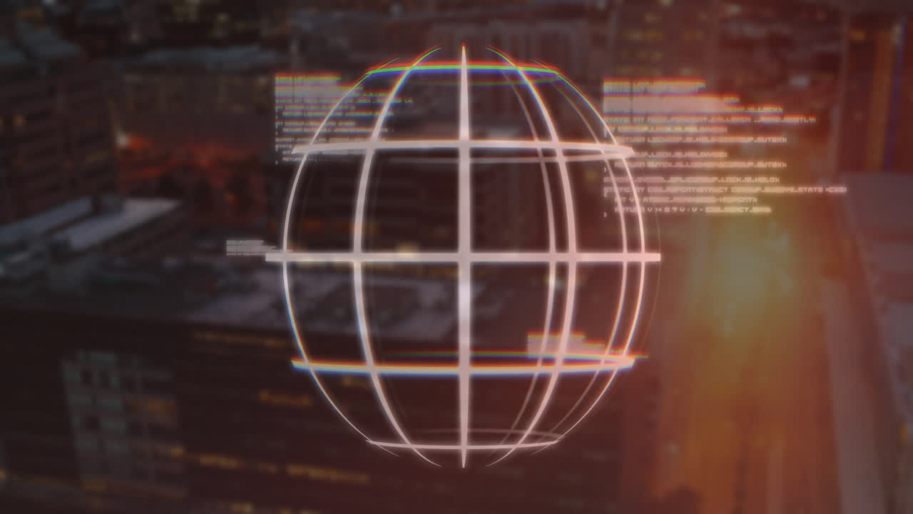 Animation of digital data processing over globe and cityscape