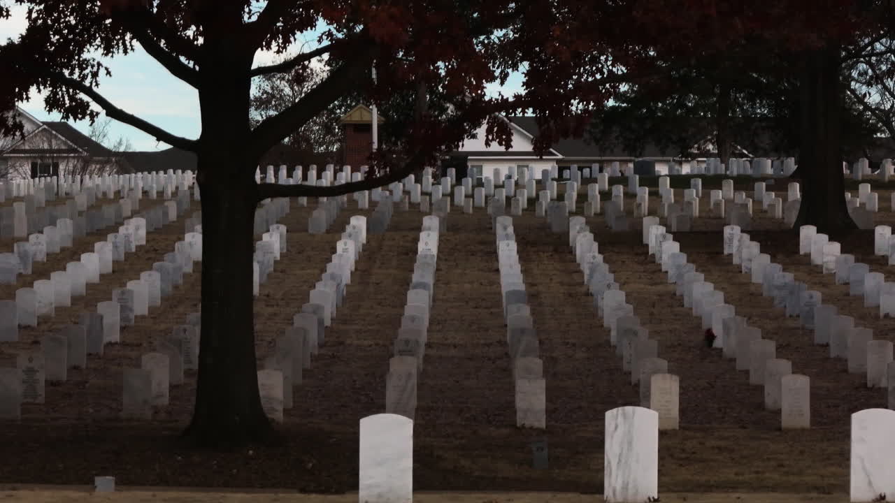 una fotografía de camiones que muestra muchas lápidas militares del cementerio nacional de fayetteville en estados unidos