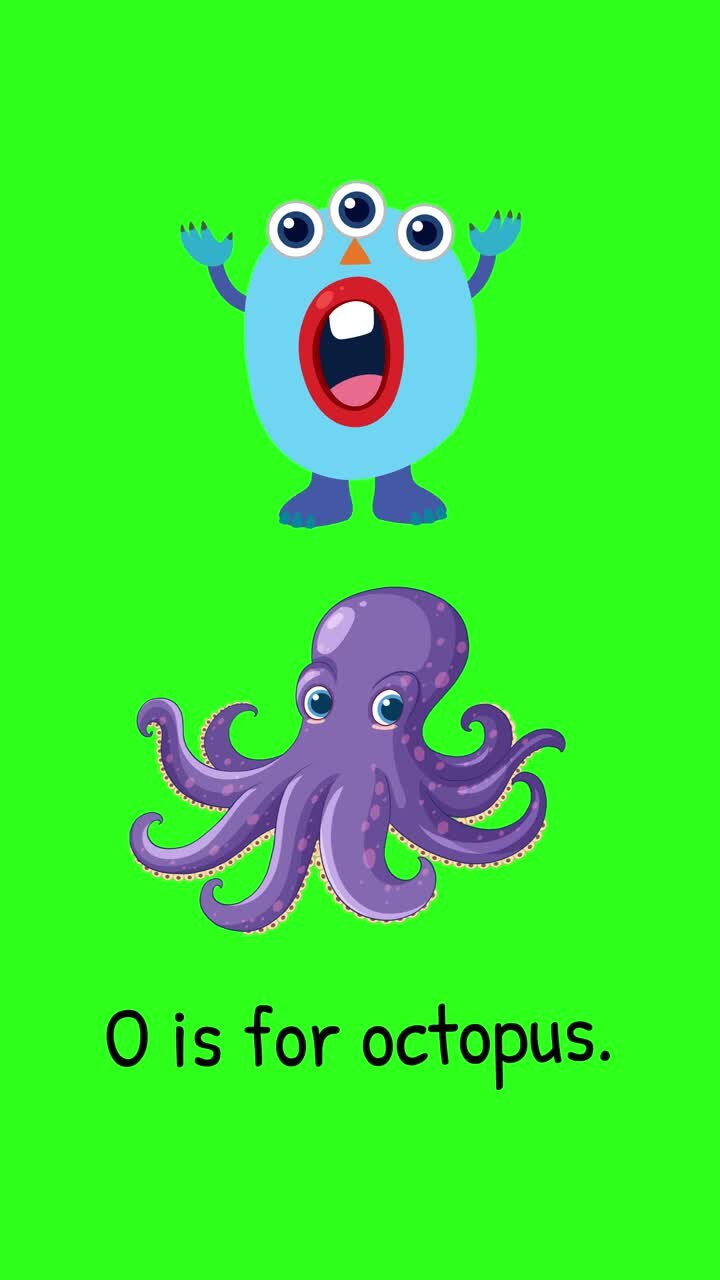 En legende animation med et monster og en blæksprutte, der illustrerer bogstavet O på en grøn baggrund.
