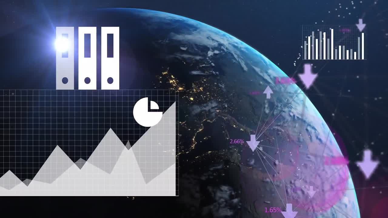 디지털 아이콘, 라이트 스 ⁇  및 데이터 처리의 애니메이션은 파란색 배경에 대한 전 세계에 걸쳐 있습니다.