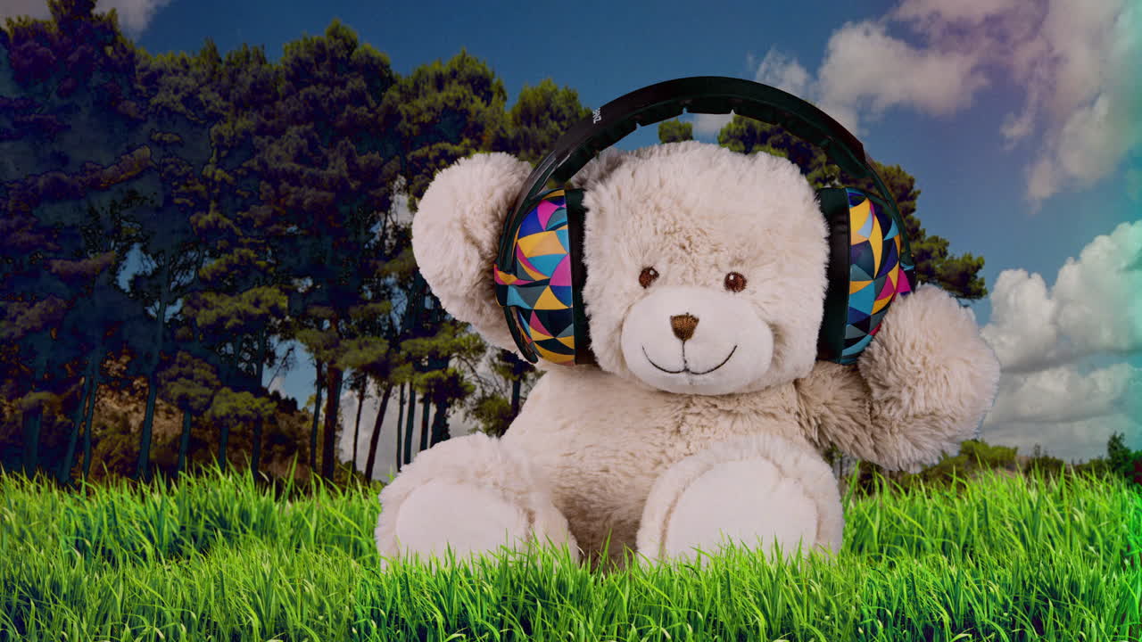 숲 속 에 헤드폰 을 들고 있는 테디 베어