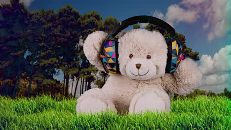 oso de peluche con auriculares en un bosque