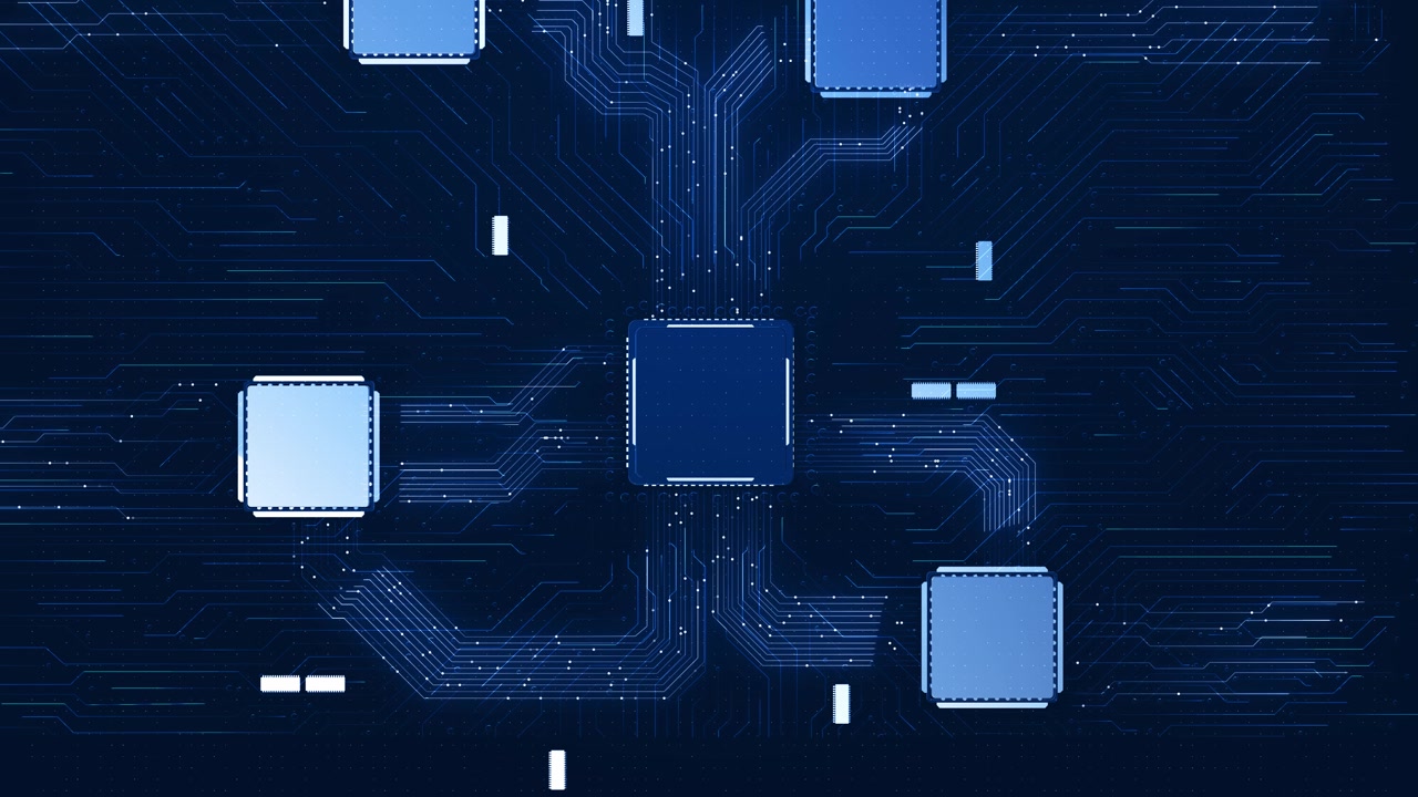 Electronic processor network visual with blue chip nodes clean circuit routes and dark technology