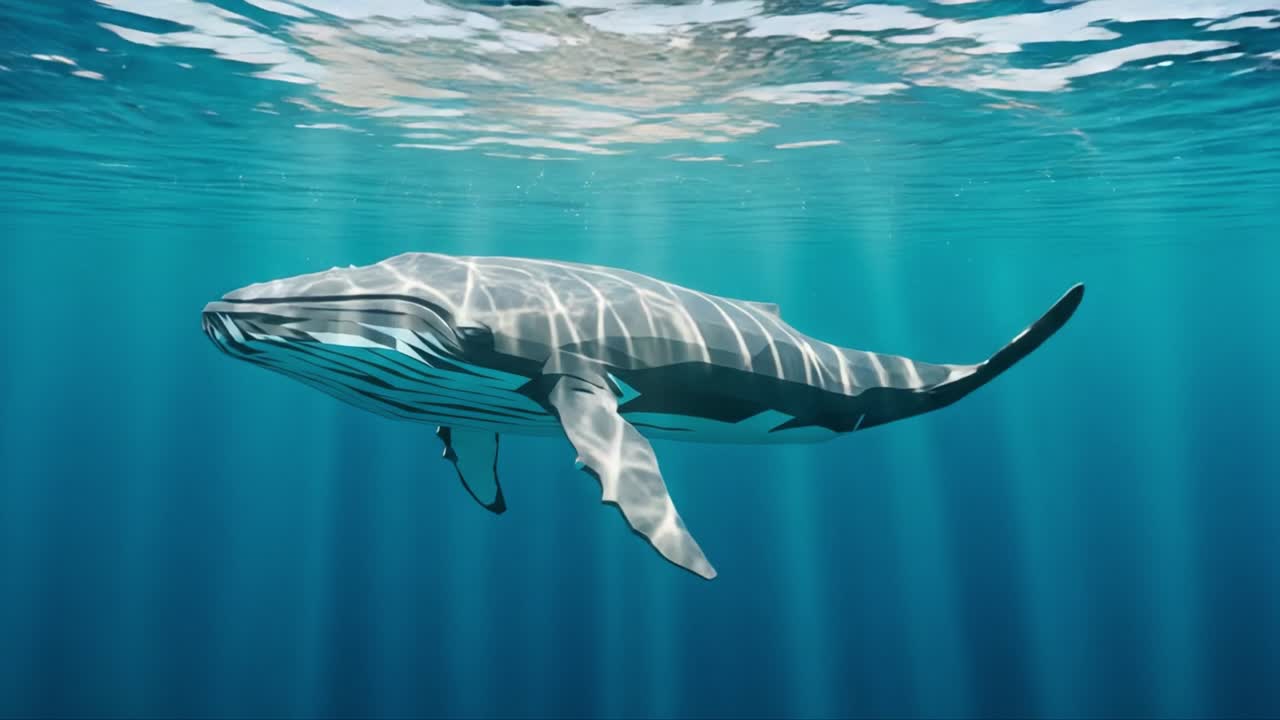 A Majestic Humpback Whale Gliding Gracefully Underwater with Captivating Light Patterns and Serene Blue Surroundings in a Stunning Oceanic Scene