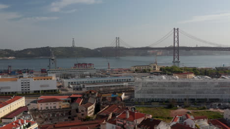 Toma-Aérea-Descendente-De-Edificios-Y-Puerto-En-La-Costa-De-Lisboa-Con-El-Puente-Ponte-25-De-Abril-Y-El-Santuario-De-La-Estatua-De-Cristo-Rey-En-El-Fondo