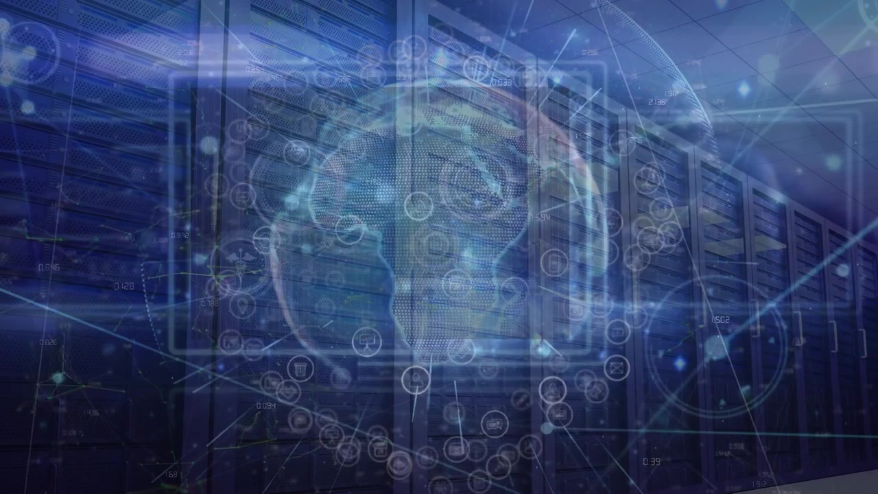 Animation of globe with icons and connections rotating over server room