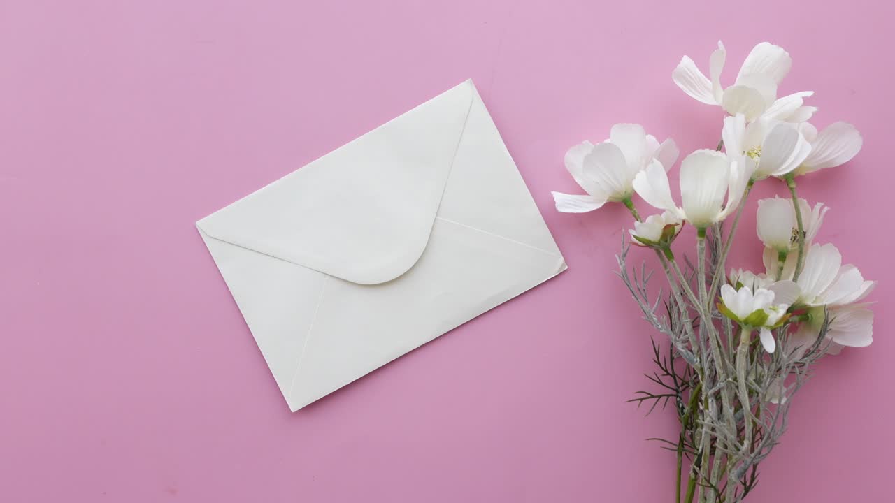 Envelope and white flowers on pink background