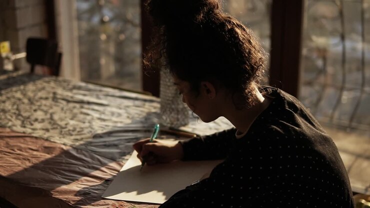 Lovely female artist with her curly hair pulled in a bun sitting by the table near panoramic window in an art studio with minimalistic interior and drawing with a pen on paper
