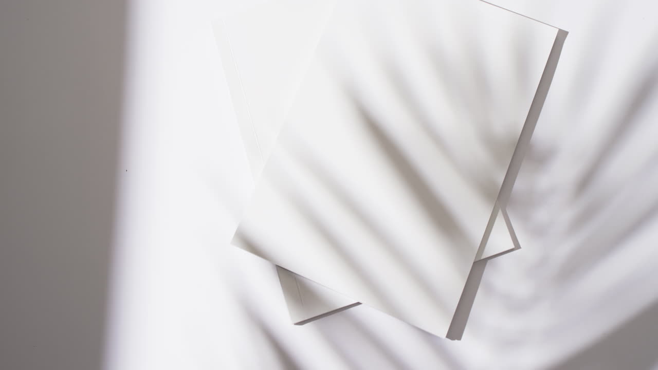 색 배경에 빈  페이지와 복사 공간을 가진 책 위에 식물의 그림자의 비디오