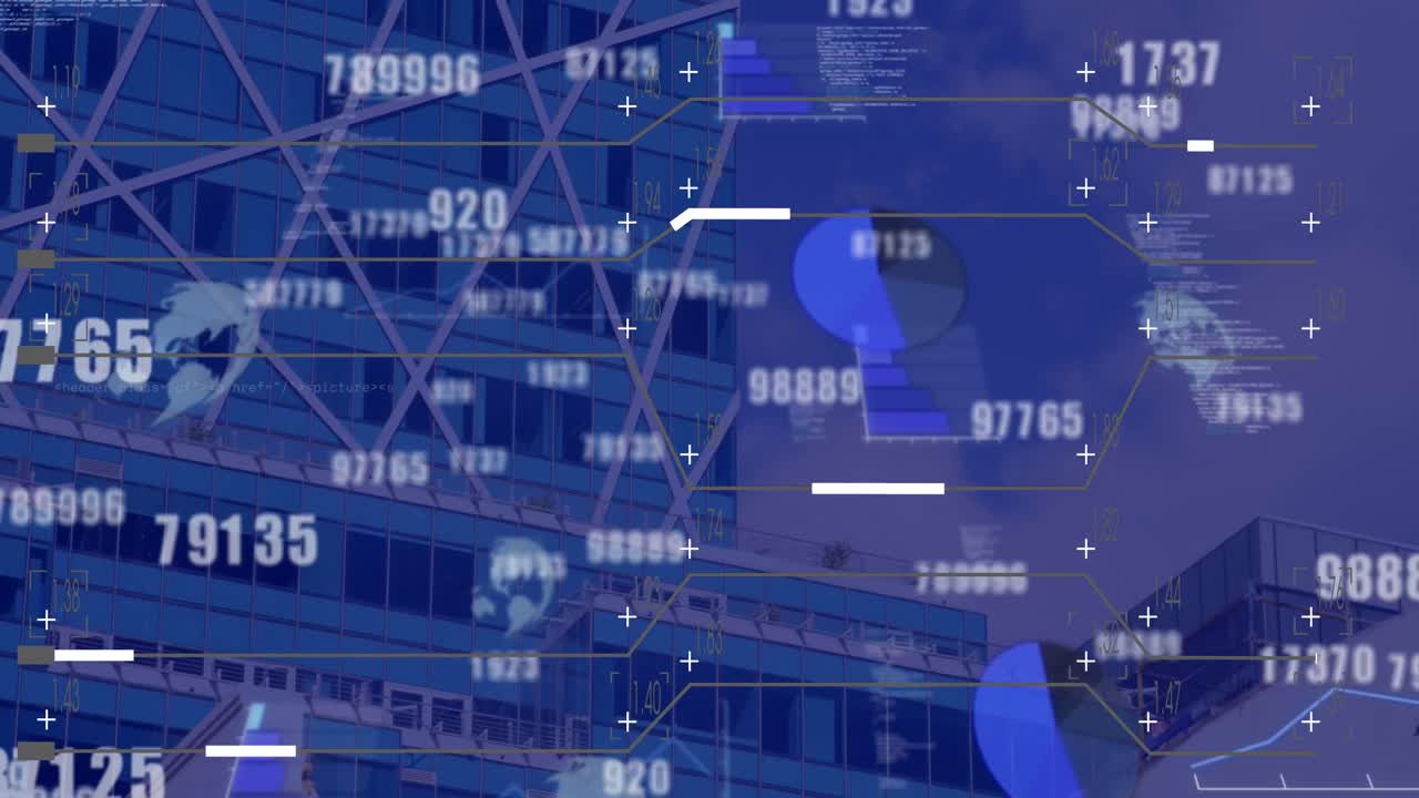 Animation of changing numbers and data processing against view of tall buildings