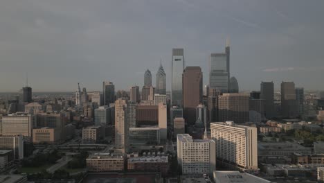 4k drone pulling back in philadelphia, pa downtown city skyline