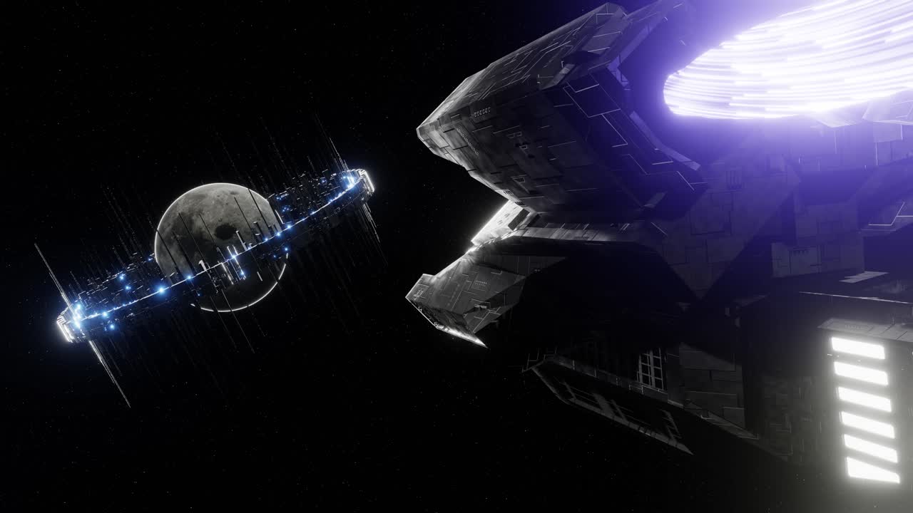 3D animation of large spacecraft flying to futuristic satellite ring around gray moon in space