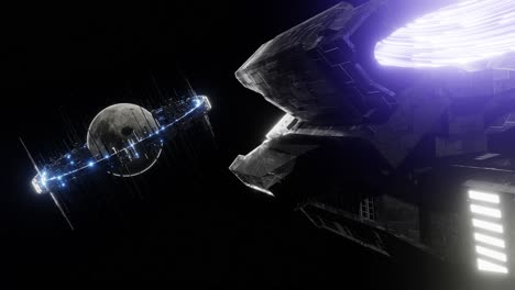 3d animation of large spacecraft flying to futuristic satellite ring around gray moon in space