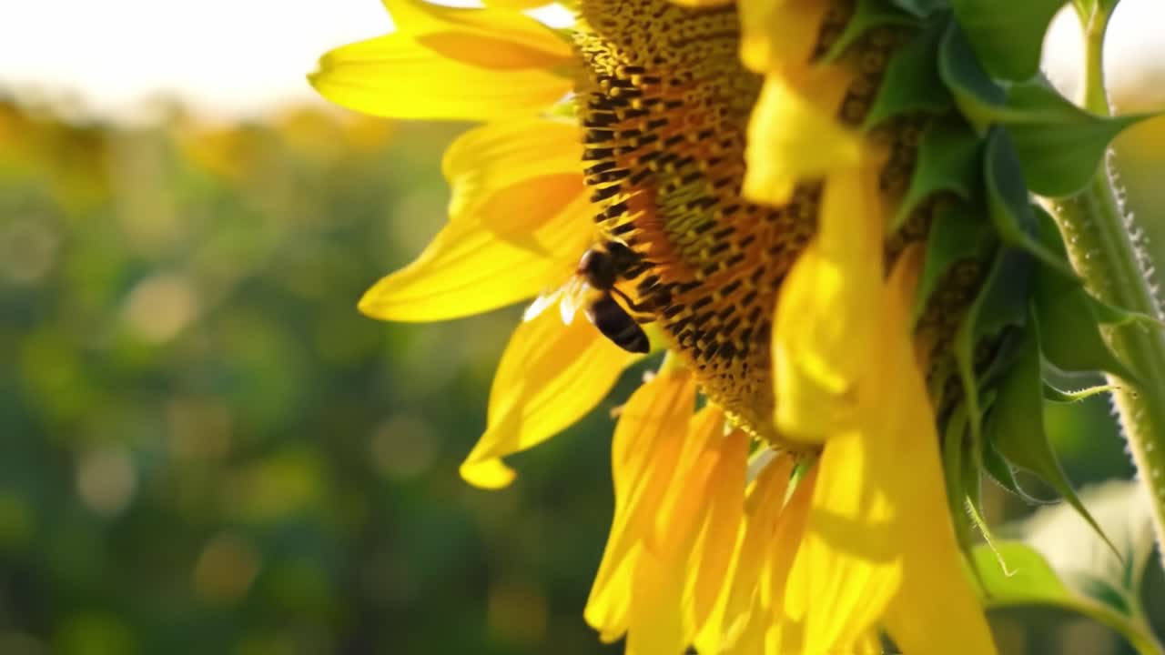 A Close-Up View of a Bee Pollinating a Vibrant Sunflower in a Field During the Golden Hour, Capturing the Beauty of Nature and Insect Interaction