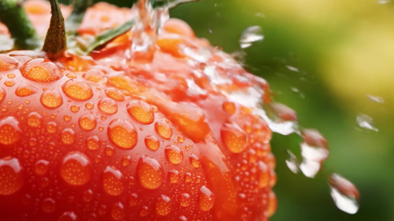 Primo Piano di un Pomodoro Fresco Coperto di Gocce di Pioggia, Che Mostra il Suo Vibrante Colore Rosso e la Superficie Scintillante su uno Sfondo Verde Tenue in un Ambiente Naturale
