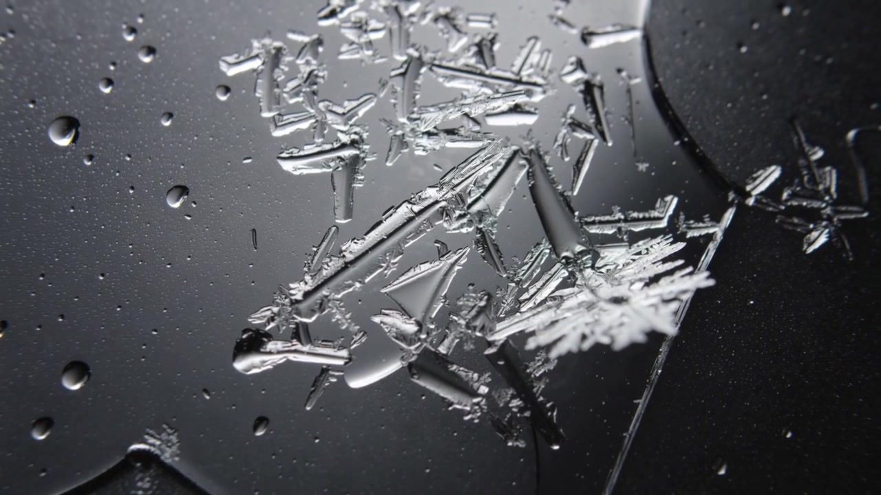 Growing clear needle crystals branching on cooling glossy panel, with droplets and circular recess