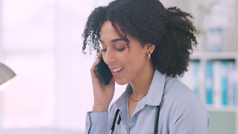 Phone-call,-medical-and-woman-doctor-in-office