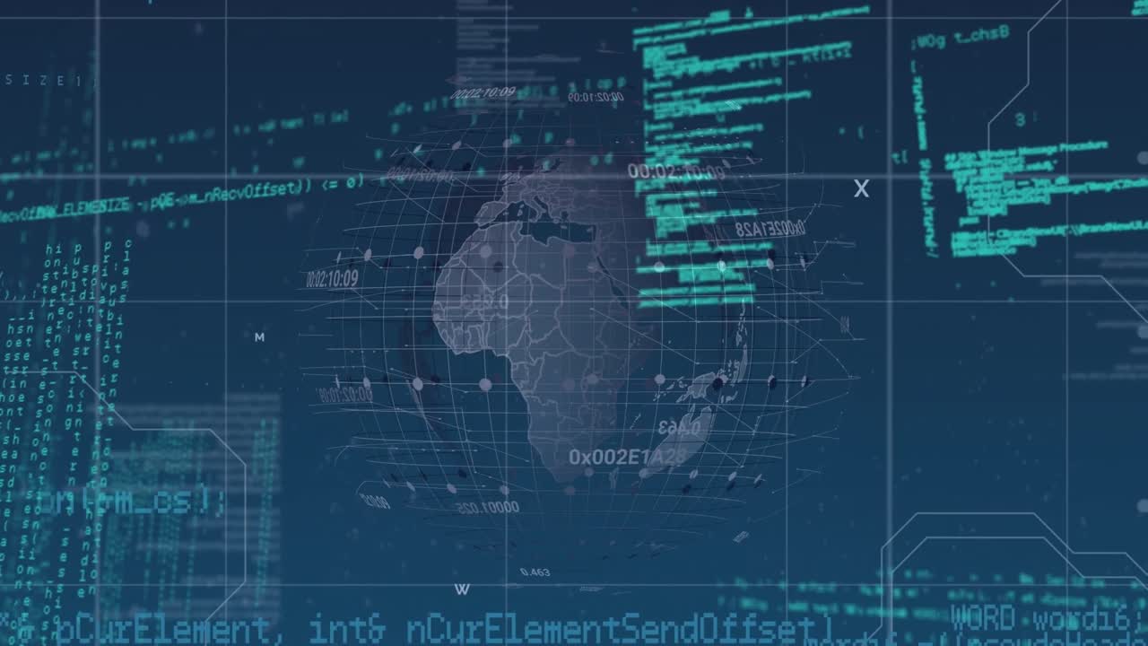 Animation of globe, data processing and navy digital screen