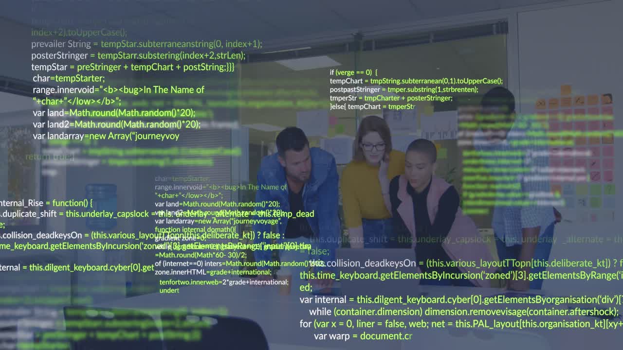 animation du langage informatique sur divers collègues discutant de rapports sur un ordinateur portable au bureau