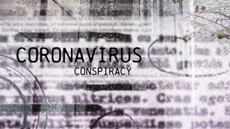 animation of coronavirus conspiracy with circle marking on old newspaper over building