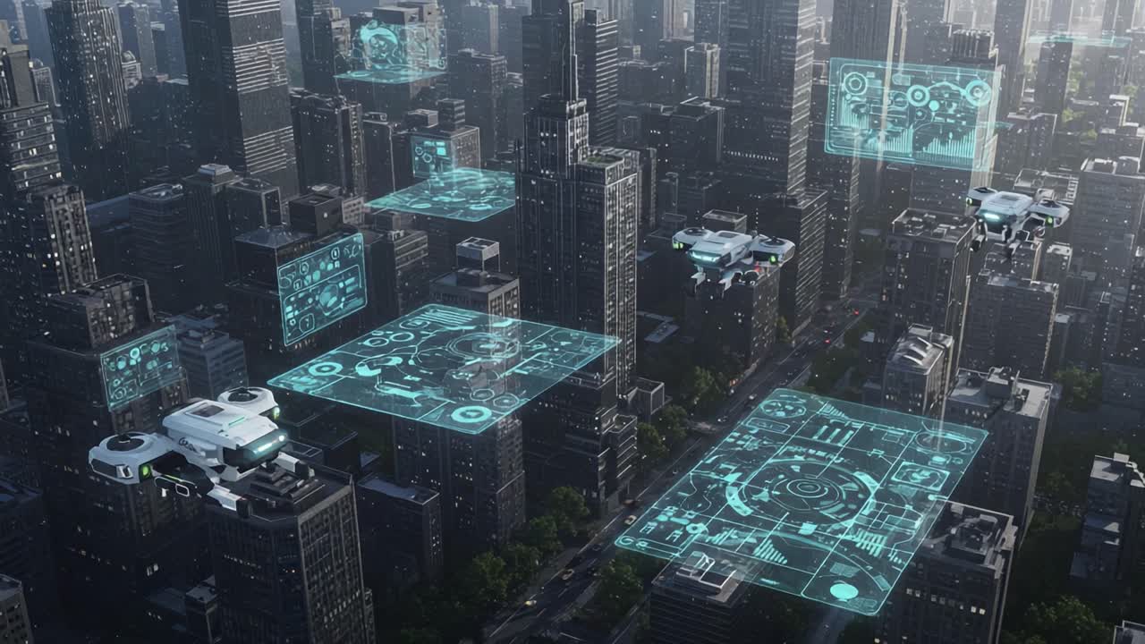 Futuristic Urban Landscape Featuring Advanced Drones and Digital Holographic Interfaces Above a Bustling Metropolis at Dawn