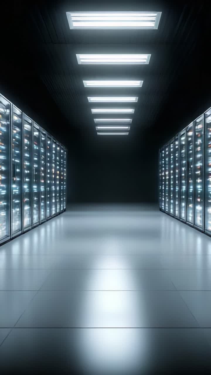 Vista suggestiva di un data center oscurato con armadi in vetro illuminati contenenti attrezzature high-tech e sofisticate server rack in mostra