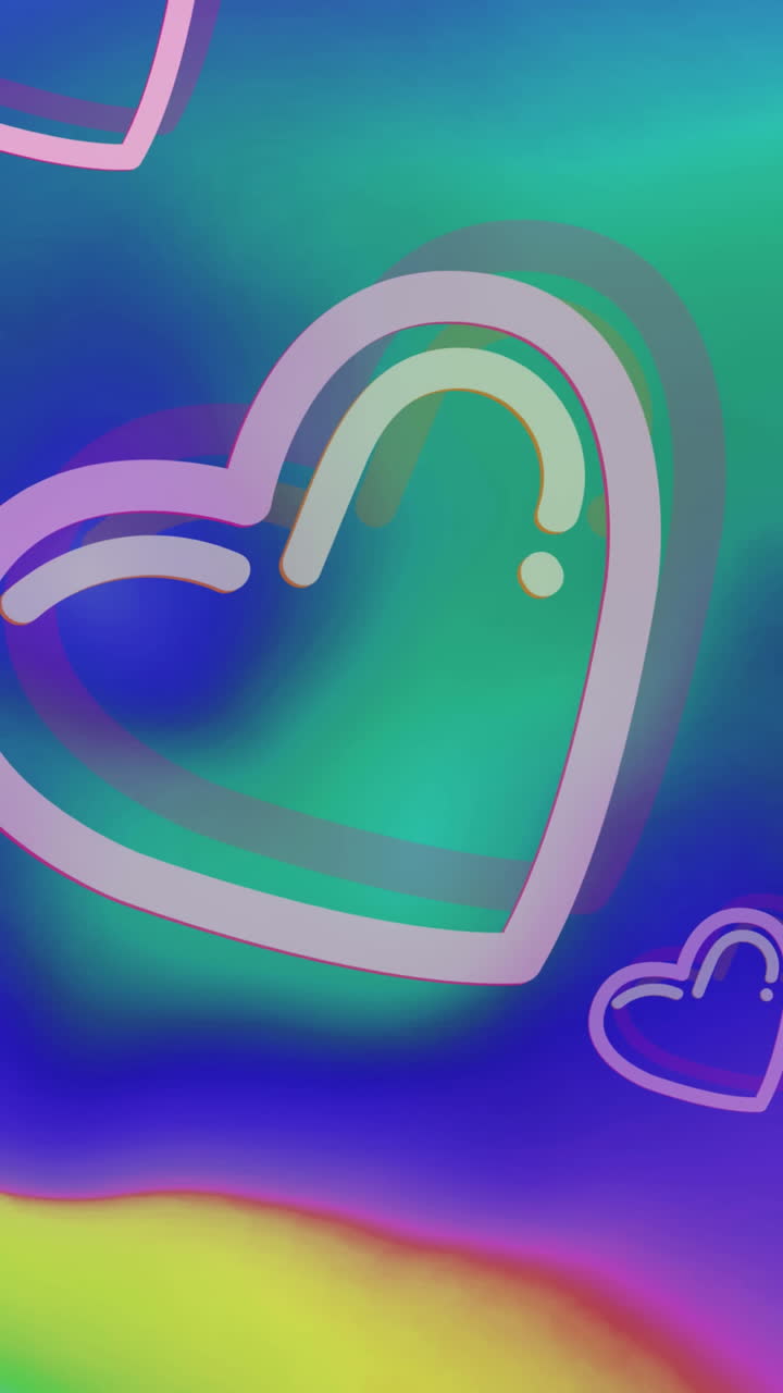 다채로운 배경에 움직이는 분홍색 심장의 애니메이션