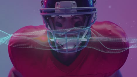 animation of multiple light trails over american football player on neon background