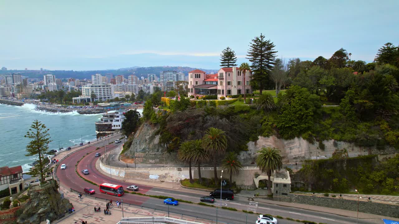 Aerial View of Castillo Hill in Viña del Mar Chile, Presidential residence streets, sea beach panorama