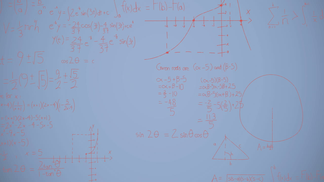 파란색 배경 위의 수학 방정식의 애니메이션