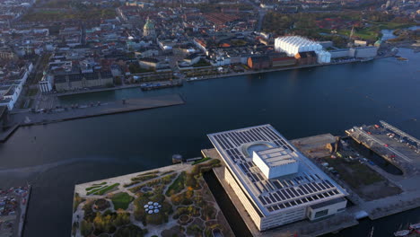 wide aerial shot over copenhagen opera house and frideriks kirke