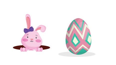 feliz tarjeta animada de pascua con conejo hembra y huevos pintados