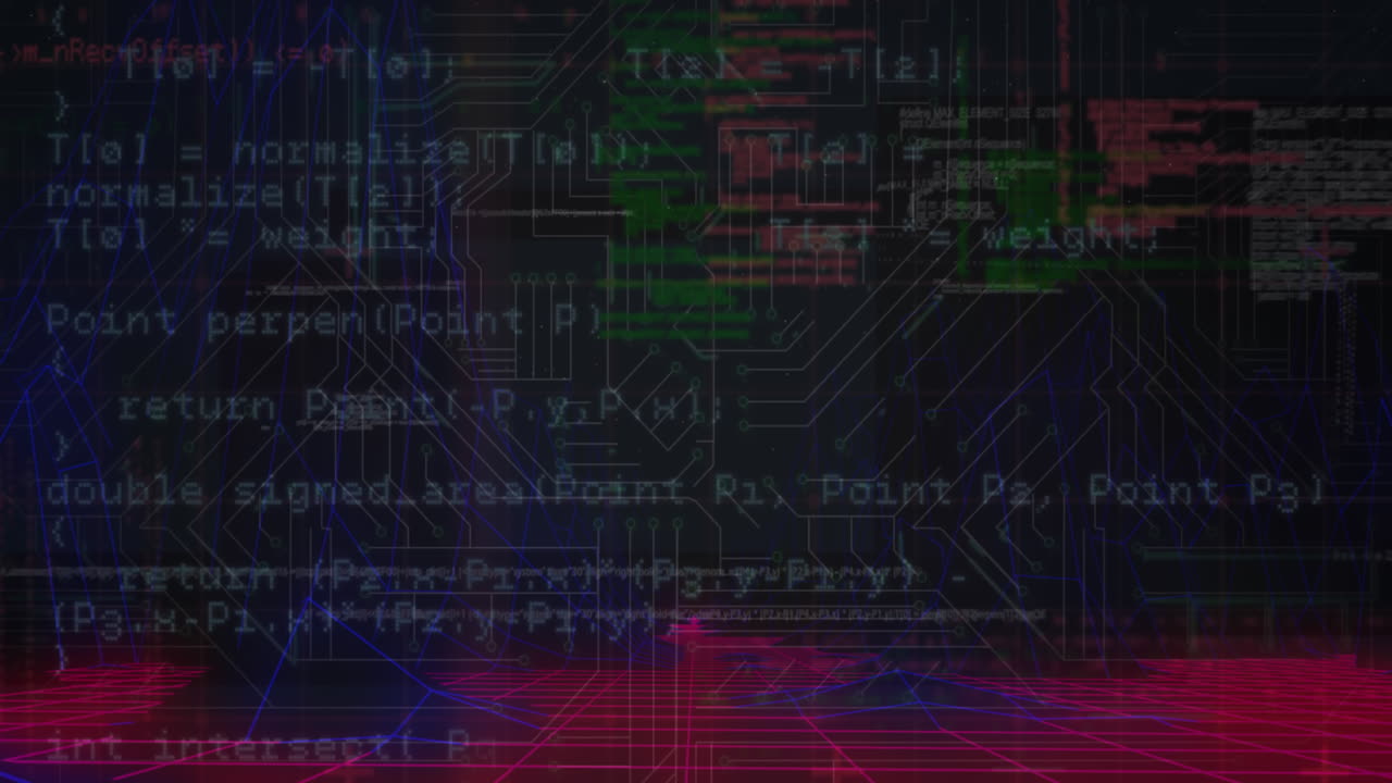 animación del lenguaje de programación sobre patrones de cuadrícula 3d contra la textura de la placa de circuitos.