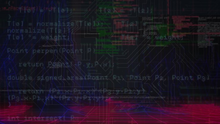 Animation of programming language over 3d grid patterns against circuit board texture