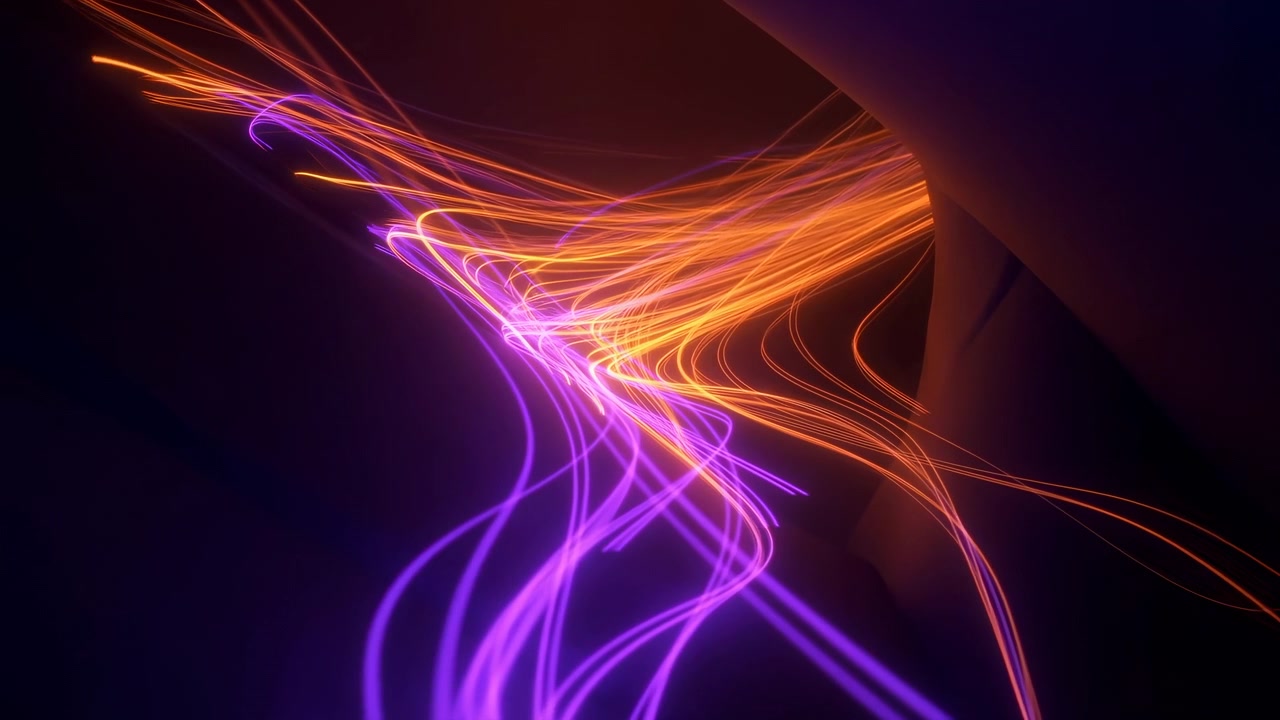 Abstract light trails shimmering and flowing, in dark background, with light trails, from a neutral perspective perspective, with orange, purple accents, and dynamic futuristic mood.
