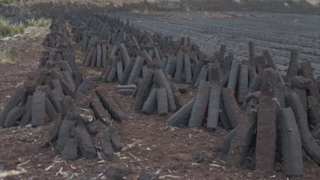 Stacked-turf-in-Irish-bog-drying-outdoors